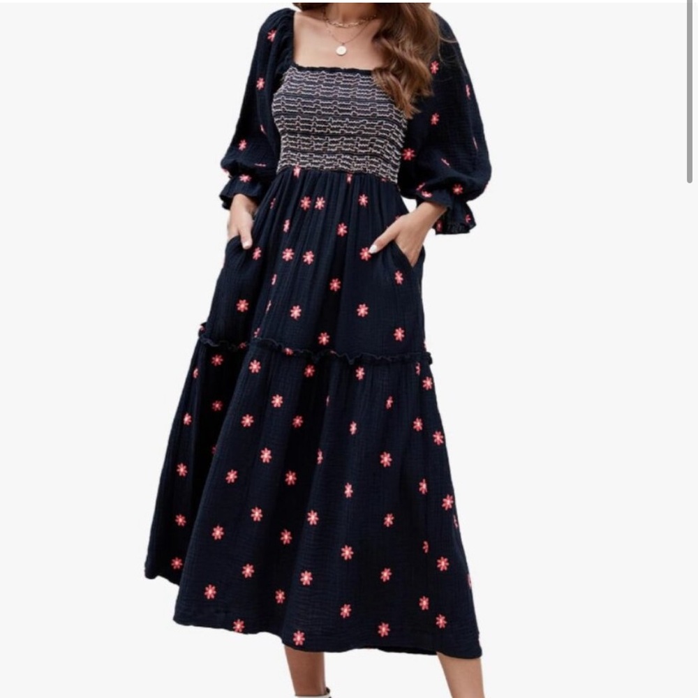 Smocked Floral Embroidered Maxi Dress